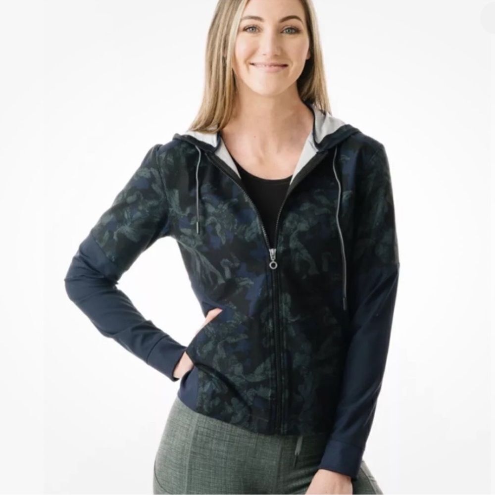 ZYIA Active S Navy Green Black Floral Evening Paradise Mesh Bomber Jacket